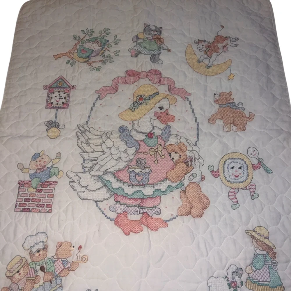 RARE!🎇Completed Bucilla Mother Goose Cross Stitch Crib Blanket Baby Nursery